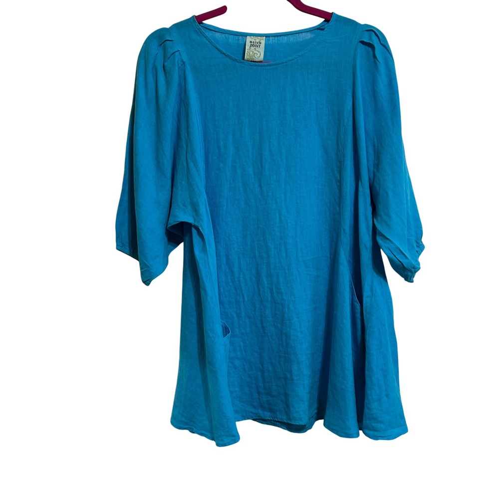 Match Point Linen Tunic Top Womens Small Blue 3/4 Puff Sleeve Pocket‎ HLT377 USA